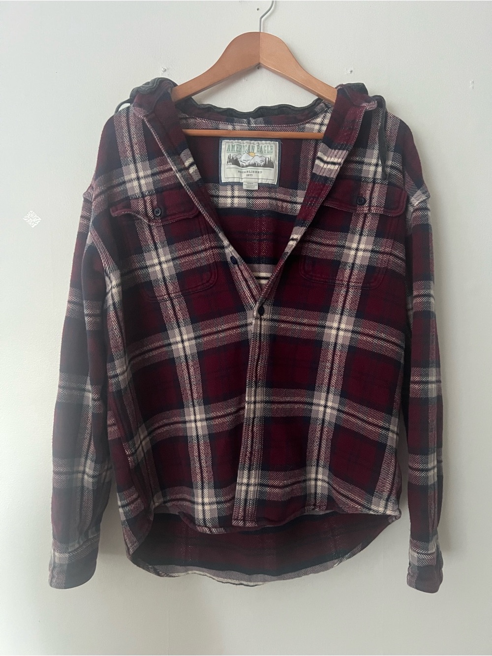 American Eagle Red Plaid Hooded Flannel Shirt Jacket, size M, 90s grunge casual